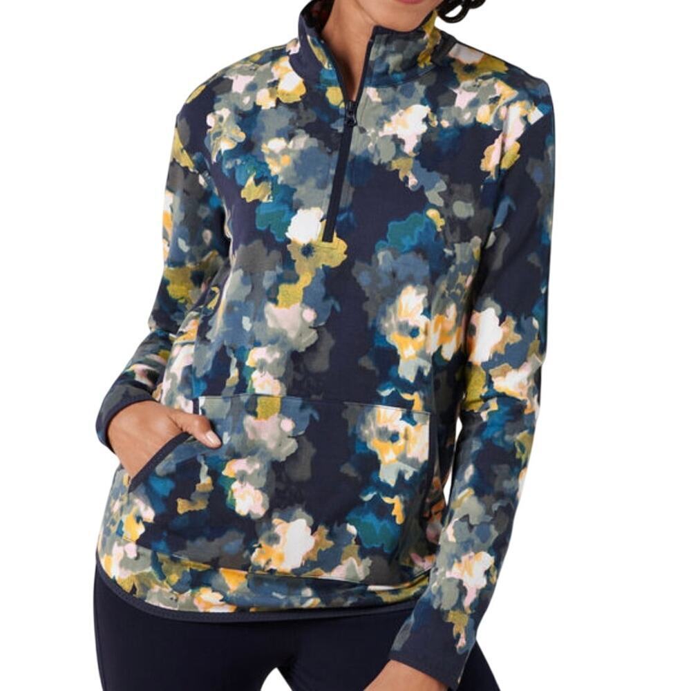 T by Talbots Pullover Top Size S Blue Blurred Floral Print Half Zip Stretch Knit